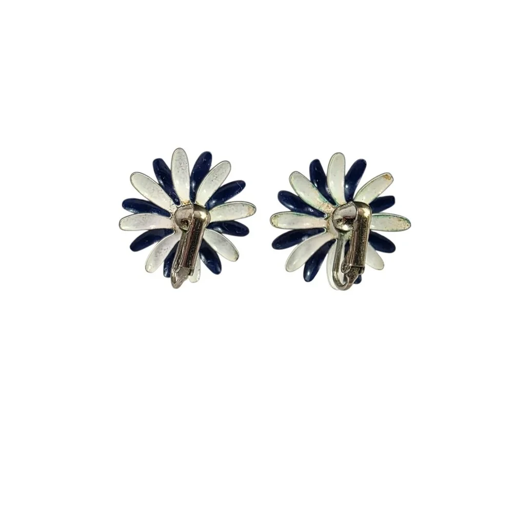 Vintage July 4th Red White Blue Enamel Daisy Brooch Clip On Earring Patriotic‎